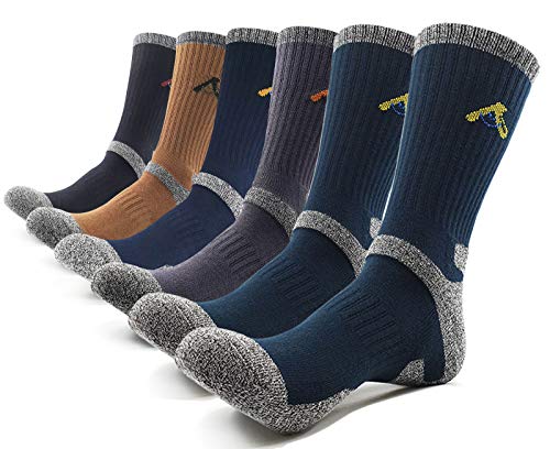 Product Cover Peace of Foot Mens 6(5+1) Pairs Multi Performance Outdoor Sports Trekking Climbing Camping Hiking Crew Socks (Brown 1, Blue 1, Black 1,Charcoal 1, Olieve 2, Mens shoe size 10.5~13)