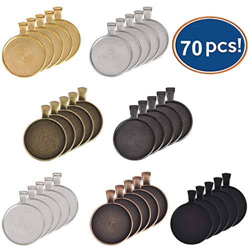 Product Cover 70 Pieces 7 Colors Pendant Trays Round Bezel Blanks for Jewelry Making, Metal Alloy Cabochon Round Dome-25 mm/1 inch Diameter (Colorful) for Crafting DIY Photo Pendant