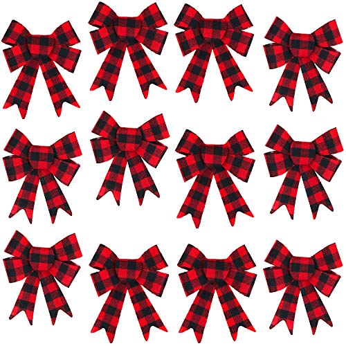 Product Cover Iconikal 5-Loop Red Buffalo Plaid Flannel Bows 5 x 7-Inch, 12-Pack