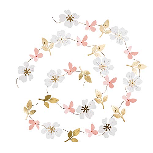 Product Cover Ling's moment 13FT Butterfly Flower Leaves Paper Bunting Banner Set of 2, Hanging Backdrop Garland for Cake Smash Photo Baby Shower Nursery Curtain Display Birthday Party (Gold+Pastel Pink+White)