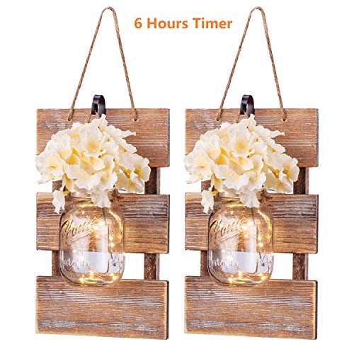 Product Cover Chen Mason Jar Sconces Home Décor - Lights for Living Room & Bedroom -Beautiful LED Fairy Lights for Farmhouse Kitchen Wall Decoration - Vintage Wooden Rustic Hydrangea Flower Scone Set of 2