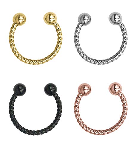 Product Cover Truphao Fake Hoop Nose Rings | Surgical Steel Faux Piercing Jewelry | No Hole, Clip On | Comfortable Fit | Unisex for Men, Women (Braided Septum 4 Pack)