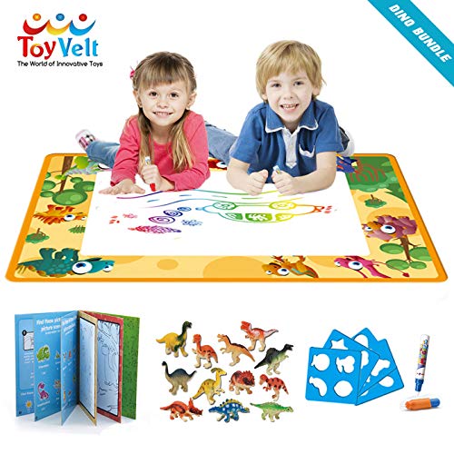 Product Cover Aqua Magic Doodle Mat Water Doodle Drawing Mat Dinosaur Toy Set - Bundle Includes Painting Coloring Mat, Dinosaur Coloring Book, 12 Dinosaurs Toys - For Boys Girls Age 3 -12 Years old to etch a sketch