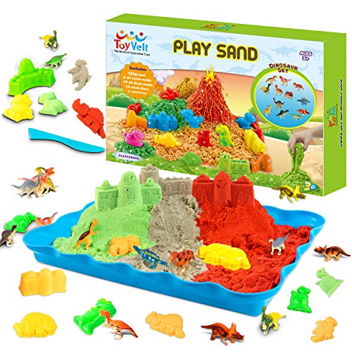 Product Cover ToyVelt Play Sand Kit Dinosaur Toys, and Dinosaur Figures Set - Incl 14 Molds and 3 Bags of Sand Extra 12 Dinosaur Toys - Gift for Boys and Girls Age 3 -12 Years Old