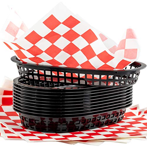 Product Cover Retro Style Black Fast Food Basket (12Pk) and Red Checkered Deli Liner (120Pk) Combo. Classic 11 In Deli Baskets Are Microwavable and Dishwasher Safe. Disposable Deli Paper Squares for Easy Cleanup