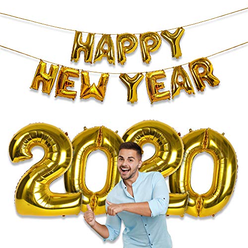 Product Cover Gold Happy New Years Eve Party Supplies 2020 Calendar or Lunar New Year 16 and 40 Inch Mylar Foil Letter Number Balloons Banner Decor NYE Decorations