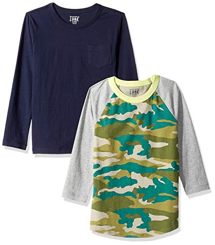 Product Cover LOOK by Crewcuts Boys' 2-Pack Graphic/Solid Long Sleeve T-Shirt, Camo/Navy, Medium (8)