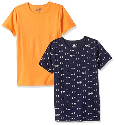 Product Cover LOOK by Crewcuts Boys' 2-Pack Print/Solid Short Sleeve T-Shirt, Orange/Eye Eye Navy, Small (6/7)