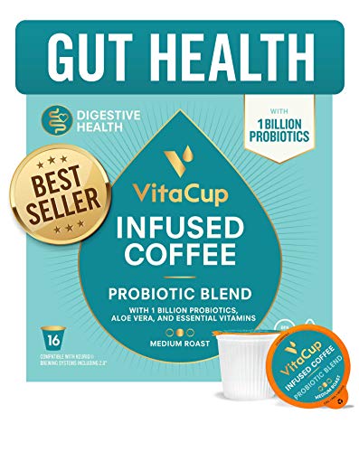 Product Cover VitaCup Probiotic Coffee Pods 16ct |Gut Health| w/ Aloe Vera, Vitamins & Probiotics, Vegan|Keto|Paleo| B1, B5, B6, B9, B12, Compatible with K-Cup Brewers Including Keurig 2.0, Top Rated Cups