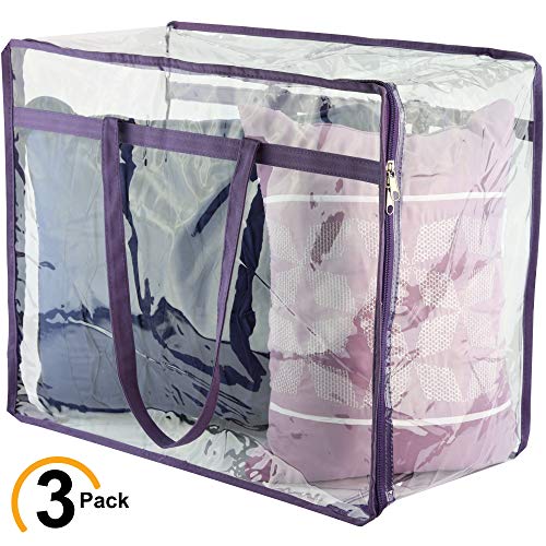 Product Cover Clear Zippered Storage Bags | Closet Organizer Vinyl Bag for Bedding, Linen, Blankets, Duvet Covers, Comforters, Clothes & Toys | Multi Purpose & Space Saver PVC Organizers (Purple, 18x15x9
