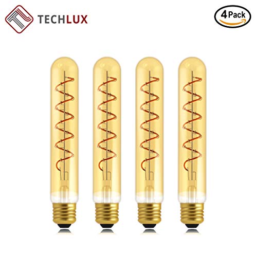 Product Cover T10/T30 LED Tube Bulbs,Tubular Edison Style LED Flexible Spiral Filament Bulb, Dimmable 5.5W (30W Equivalent), 2000K(Warm White), E26 Medium Base, Amber Glass Tube Cover Light Bulbs,4Pack-TECHLUX