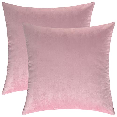 Product Cover Mixhug Set of 2 Cozy Velvet Square Decorative Throw Pillow Covers for Couch and Bed, Light Pink, 18 x 18 Inches