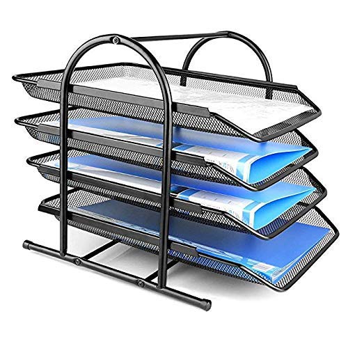 Product Cover JD9 Metal Mesh 4 Tier Document Tray, File Tray, File Rack for A4 Documents/Files/Papers/Letters/folders Holder Desk Organizer (Black))