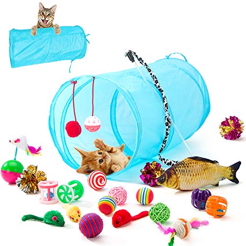 Product Cover HIPIPET 21PCS Cat Toys Interactive Kitten Toys Assortments Tunnel Balls Fish Feather Teaser Wand Mice