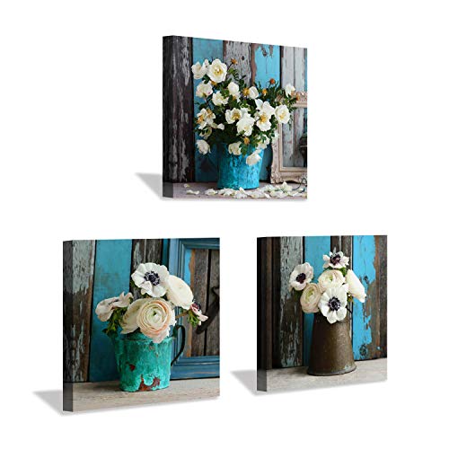 Product Cover Flower Artwork Botanical Canvas Prints: Bouquet of Mixed Windflower in Rustic Vases, Wall Art Set in White & Yellowish for Wall Decor