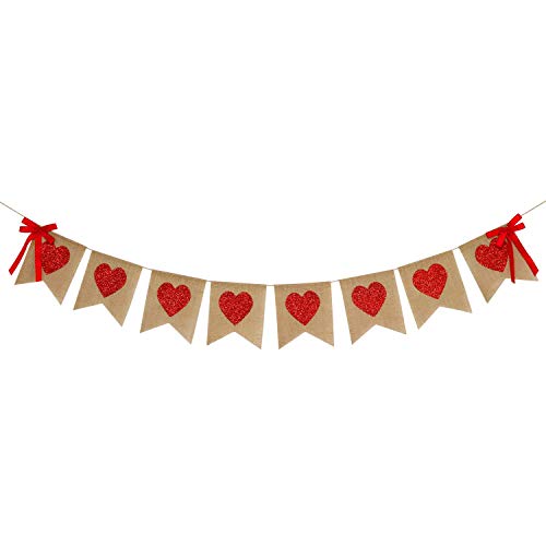 Product Cover Burlap Heart Banner Garland | Red Glitter Heart | Valentine's Day Decorations| Rustic Valentines Decor | Valentines Burlap Banner | Wedding Anniversary Birthday Party Decorations Supplies