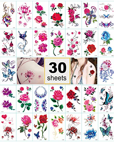Product Cover Flower Temporary Tattoo Stickers for Women, Kids, Men, Girls - 100+ Different Transfer Stickers, Fashion Fake Tattoos Waterproof, Tattoo Stickers with red pink rose, butterfly, heart