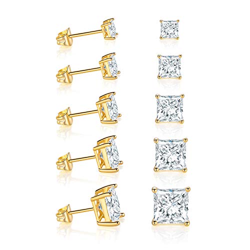 Product Cover GEMSME 18K Yellow Gold Plated Princess Cut Cubic Zirconia Stud Earrings Pack of 5