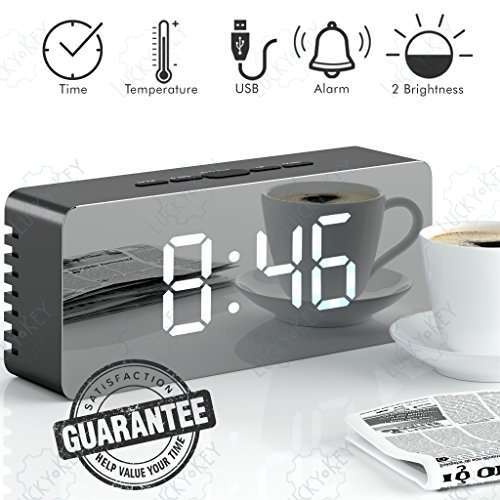 Product Cover Lucky-Key Alarm Clock, LED Mirror Display with Dimmer, Time, Alarm,Temperature with USB Charging Port (Black)