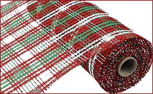 Product Cover 10 Inch x 30 Feet Christmas Deco Poly Burlap Stripe Check Mesh Ribbon (Red White Lime Green)