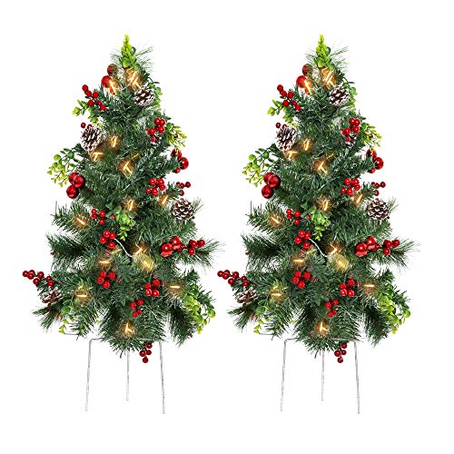 Product Cover Best Choice Products Set of 2 24.5in Pre-Lit Pathway Christmas Trees Decor w/LED Lights, Berries, Pine Cones, Ornaments