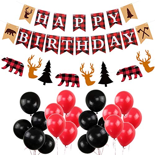 Product Cover Lumberjack Happy Birthday Party Decorations, New Year Birthday Banners Woodland Themed Timber Buffalo Plaid Garland Hanging Black and Red Balloons Birthday Winter Wonderland