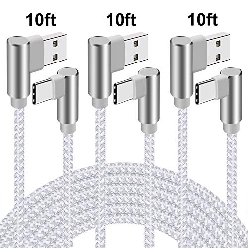 Product Cover 90 Degree USB C Cable Type C Cable Fast Charging 10ft Right Angle Charger Cable 3 Pack Nylon Braided Charge Cord for Samsung Galaxy S9 Plus S8, Note 9 8,LG G5 G6 V20,Google Pixel XL(Silver White,10ft)
