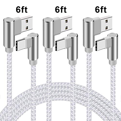 Product Cover Right Angle Type C Cable 6ft USB C Cable 90 Degree 3 Pack Nylon Braided USB A to C Fast Charging Cord for Samsung Galaxy S9 S8 Plus S8, Note 8, LG G6 G5 V20, Google Pixel, Moto (Silver White, 6 Feet)