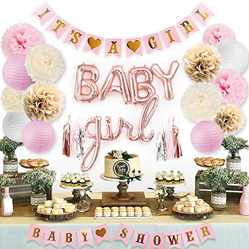 Product Cover Sweet Baby Co. Pink Baby Shower Decorations for Girl with Its A Girl Banner, Baby Girl Letter Balloons, Flower Pom Poms, Paper Lanterns, Tassels (Rose Gold, Pink, Ivory, White Sprinkle Set)