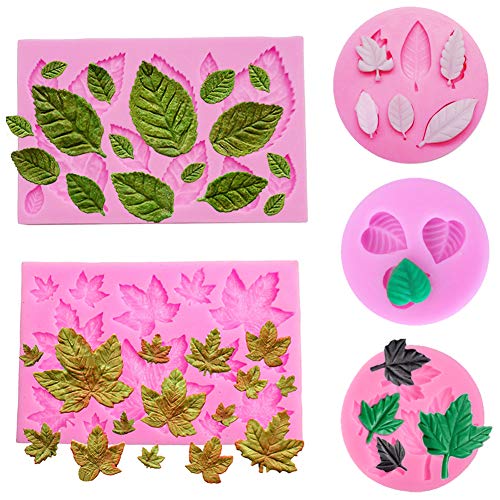 Product Cover 5 Pack Leaf Fondant Silicone Mold 3D Mini Maple Leaf Rose Shaped Leaves DIY Cake Mold Cupcake Decoration Tool Assorted