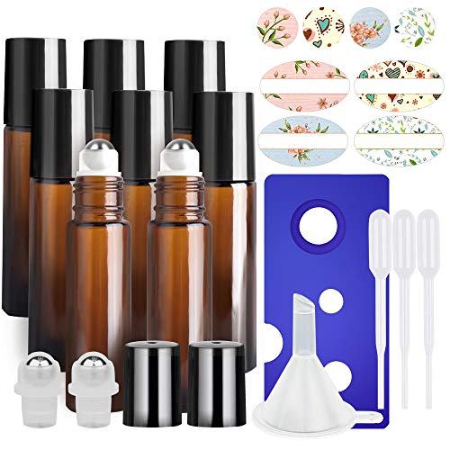 Product Cover 8 Pack, HwaShin 10 ml Amber Glass Roll on Bottles, Essential Oil Roller Bottles with Stainless Steel Roller Balls(1 Opener, 1 Funnel, 3 Droppers,2 Extra Roller Balls & 12 Pieces Labels Included)