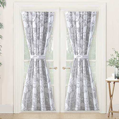 Product Cover DriftAway Floral Delight Door Curtain Room Darkening Privacy French Door Panel for Patio Sliding Window Single Rod Pocket Curtain with Bonus Matching Tieback 52 Inch by72 Inch plus1.5 Inch Header Gray