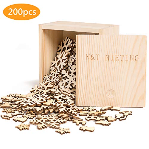Product Cover N&T NIETING 200PCS Wood Cutouts with Box, Snowflake Christmas Wood Ornaments, Christmas Tree Ornaments for Christmas Decorations, Christmas Tree Decorations, Unfinished Wood Ornaments for DIY Craft