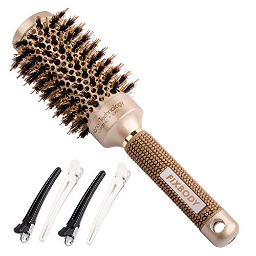Product Cover FIXBODY Round Barrel Hair Brush with Boar Bristles, Nano Thermal Ceramic，Ionic Tech and Anti-Static for Hair Blow Drying, Styling, Curling, Straightening (3 inch, Barrel 1.7 inch)