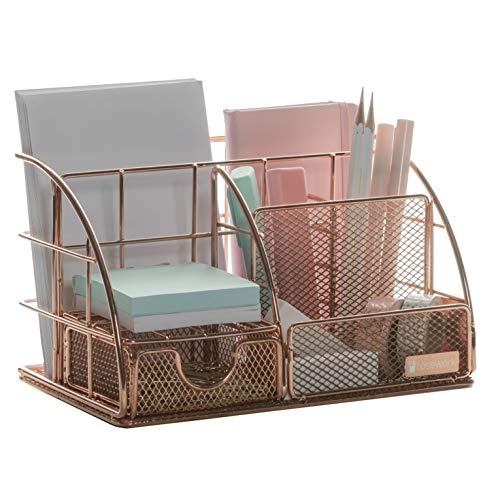 Product Cover Rosework Rose Gold Desk Organizer for Women, All in One Desktop Organizer with Pen Holder, Pencil Holder and Paper Organizer, Office Organizer for Office Supplies and Desk Accessories.