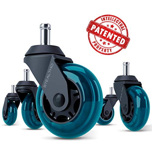 Product Cover STEALTHO Replacement Office Chair Caster Wheels Set of 5 - Protect Your Floor - Quick & Quiet Rolling Over The Cables - No More Chair Mat Needed - Blue Polyurethane - Universal Stem 7/16 inch