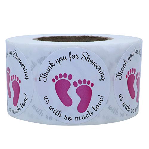 Product Cover Hybsk 1.5 Inch Round Baby Shower Stickers, Thank You for Showering Us with So Much Love Blue Foot Print (Pink Footprint)