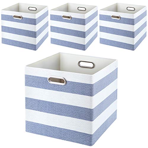 Product Cover Posprica Collapsible Storage Bins,13×13 Fabric Storage Cubes Basket Containers Drawers for Nurseries,Offices,Closets (4pcs, Blue-White Striped)