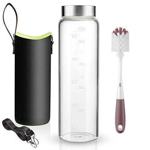 Product Cover 32 oz Glass Water Bottle with Nylon Bottle Protection Sleeves and Stainless Steel Lid 1L Time Marked Measurements for to-Go Travel at Home Reusable Eco Friendly Safe for Hot Liquids Tea Coffee Daily