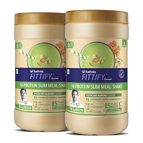 Product Cover Saffola FITTIFY  Hi Protein Slim Meal-Shake, Meal Replacement with 5 superfoods, Pistachio Almond, 420 gm (12 servings)-Buy One Get One Free