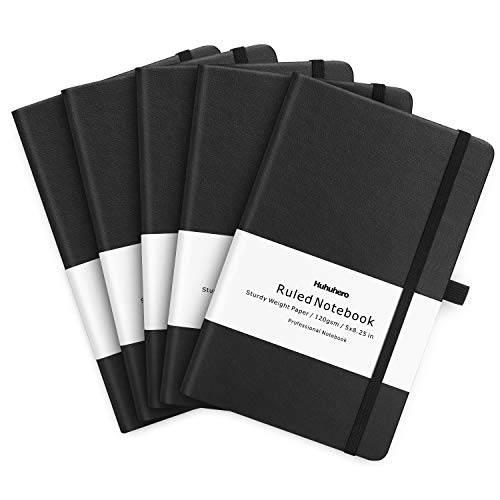 Product Cover Huhuhero 5 Pack Notebooks Journals, Classic Ruled Notebook, Premium Thick Paper Lined Journal, Black Hardcover Notebook for Office Home School Business Writing Note Taking Journaling, 5