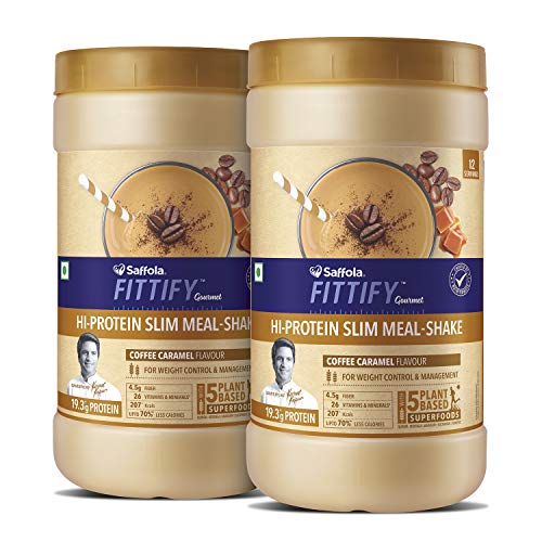 Product Cover Saffola FITTIFY Hi Protein Slim Meal-Shake, Meal Replacement with 5 superfoods, Coffee Caramel, 420 gm (12 servings)-Buy One Get One Free