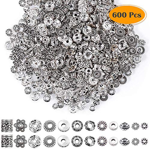 Product Cover Paxcoo 600pcs 12 Style Silver Spacer Beads Jewelry Bead Charm Spacers for Jewelry Making Bracelets Necklace