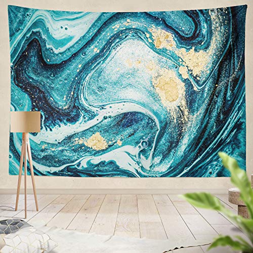 Product Cover Soopat Tapestry Polyester Fabric Ocean Art Natural Luxury Swirls Marble Ripples Blue Gold Powder Liquid Flow Wall Hanging Tapestry Decorations for Bedroom Living Room Dorm 80X60 inch