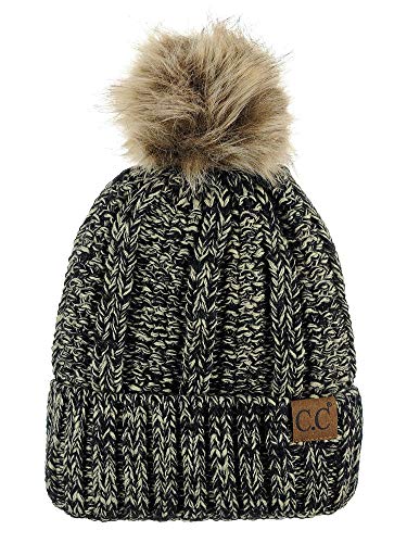 Product Cover C.C Thick Cable Knit Faux Fuzzy Fur Pom Fleece Lined Skull Cap Cuff Beanie, 2 Tone Black/Dark Beige