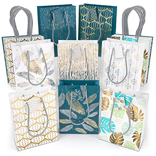 Product Cover ARTEZA Gift Bags, 9.5 x 7 x 3.4 Inches, Set of 16 with an Assortment of 5 Unique Metallic Foil Designs on 10 White Paper Bags and 6 Blue Paper Bags, 2 of Each Style