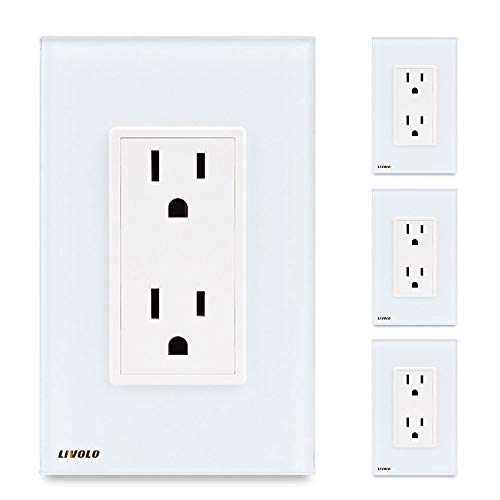 Product Cover LIVOLO White US Standard Vertical Duplex Receptacle Electrical Outlets (4 Pack） With Tempered Glass Panel(15A),AC 110~220V