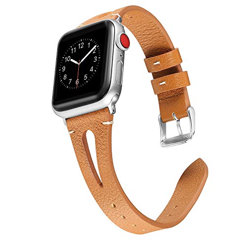 Product Cover Secbolt Leather Bands Compatible with Apple Watch Band 38mm 40mm iwatch Series 5 4 3 2 1, Slim Strap with Breathable Hole Replacement Wristband Women, Brown