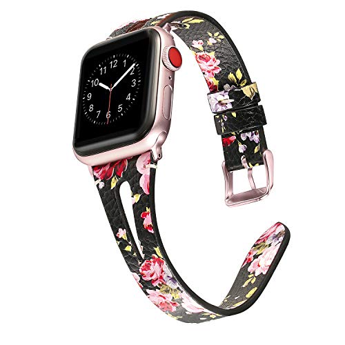 Product Cover Secbolt Leather Bands Compatible with Apple Watch Band 38mm 40mm iwatch Series 5 4 3 2 1, Slim Strap with Breathable Hole Replacement Wristband Women, Black/Pink Floral