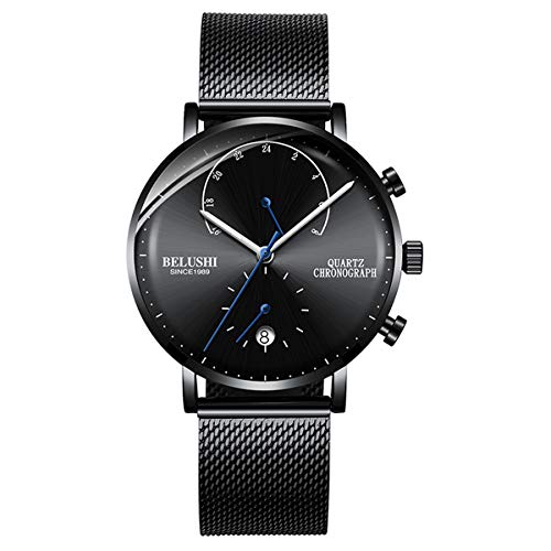 Product Cover Men's Ultra-Thin Watch, Stainless Steel Slim Men Watch,Men's Fashion Minimalist Quartz Watch,Blue/Black Face Black Mesh Band Black(9mm-65g)